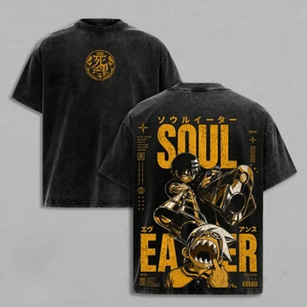 Soul Eater Death the Kid Anime T-shirt Manga Printed Fashion Washed T Shirt Summer Pure Cotton Tees Clothes Men's Clothing