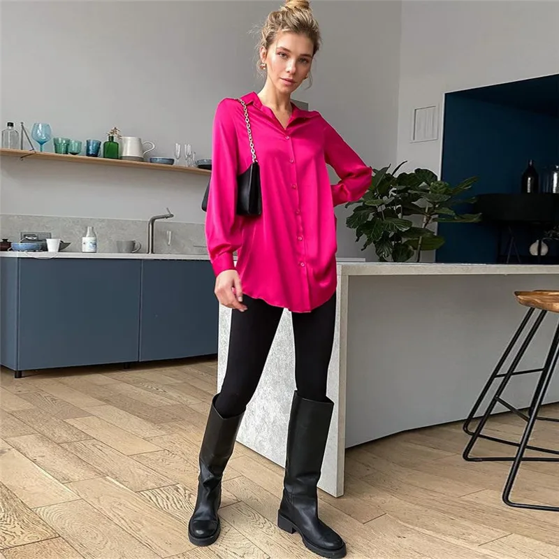 Blusa de seda satinada para mujer, camisa holgada azul de manga larga con solapa informal, cárdigan elegante con botones para oficina, primavera y