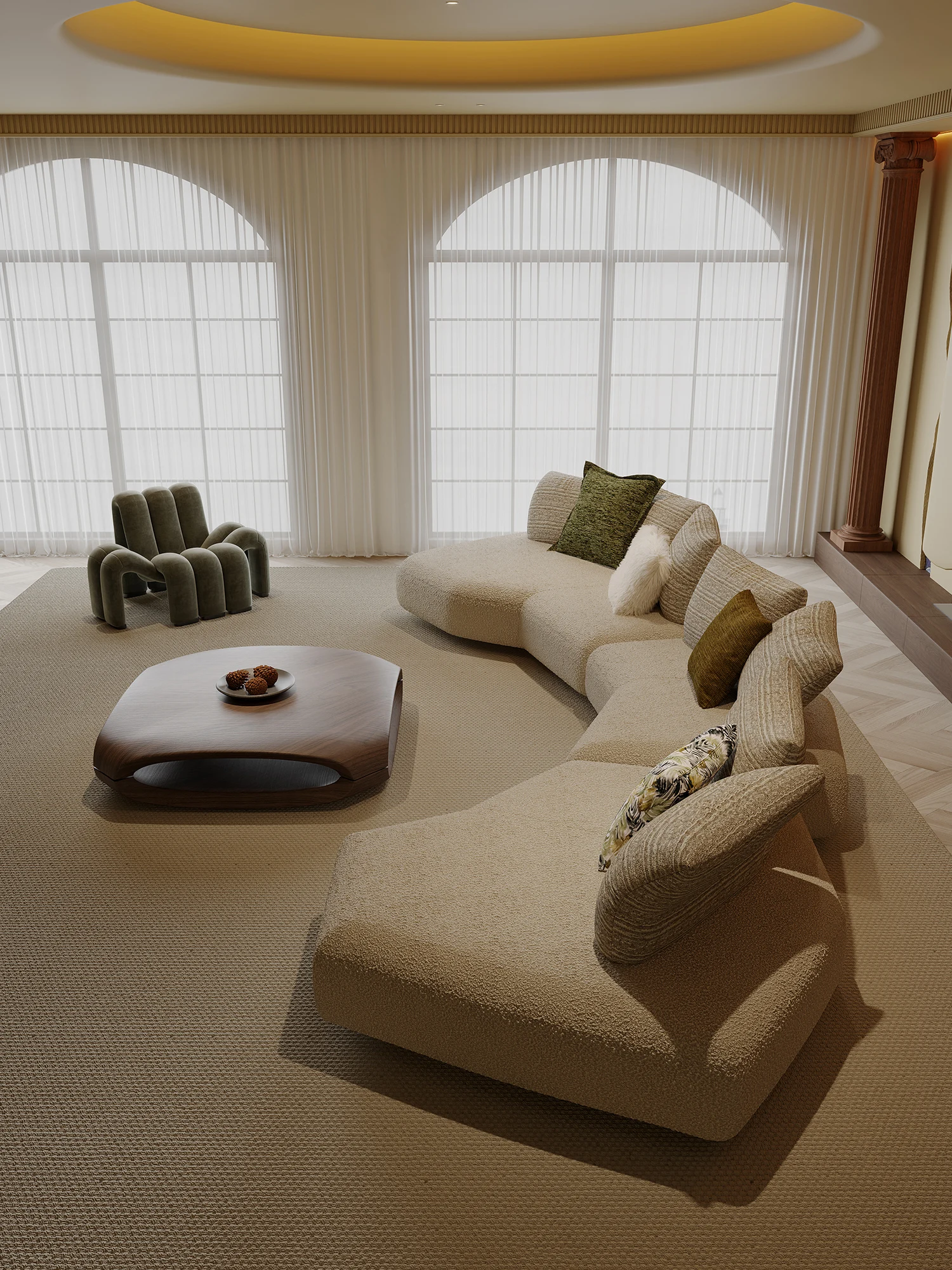 Champagne Boucle S Shaped Curved Modular Sofa Channel Stitch Seats Deep Seat Low Back For Living Room Villa Bedroom Home