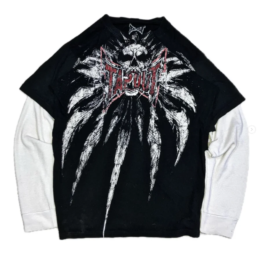 

Tapout Gothic Render Long Sleeve T Shirt Men Distressed Fake Two Pieces Streetwear Oversized Shirt Style Goth High Print Fashion