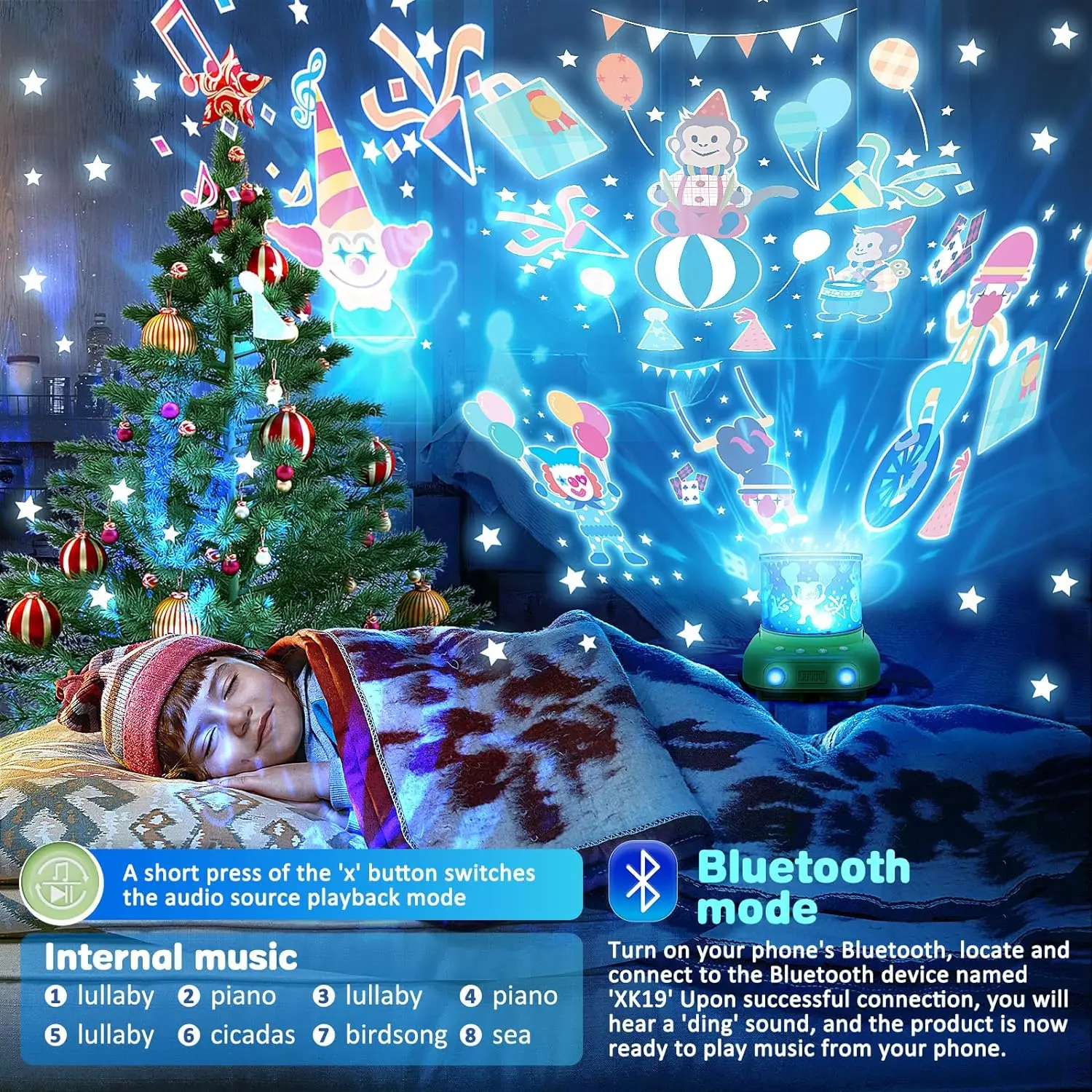 Music Projector Night Light for Kids 3 in 1 Cute Deer Star Projector 6 Films White Noise BT Speaker Kids Room Decor Night Light