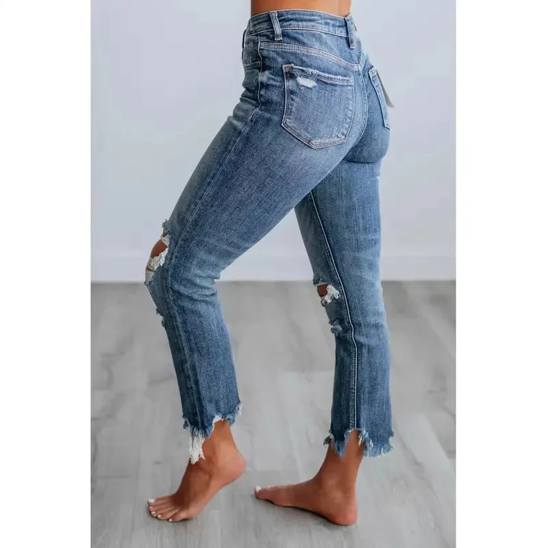 Female Hole Patched Slim Dark Blue Simple Basic Daily Trendy Denim Trousers of High Quality American Style New Fashion Jeans