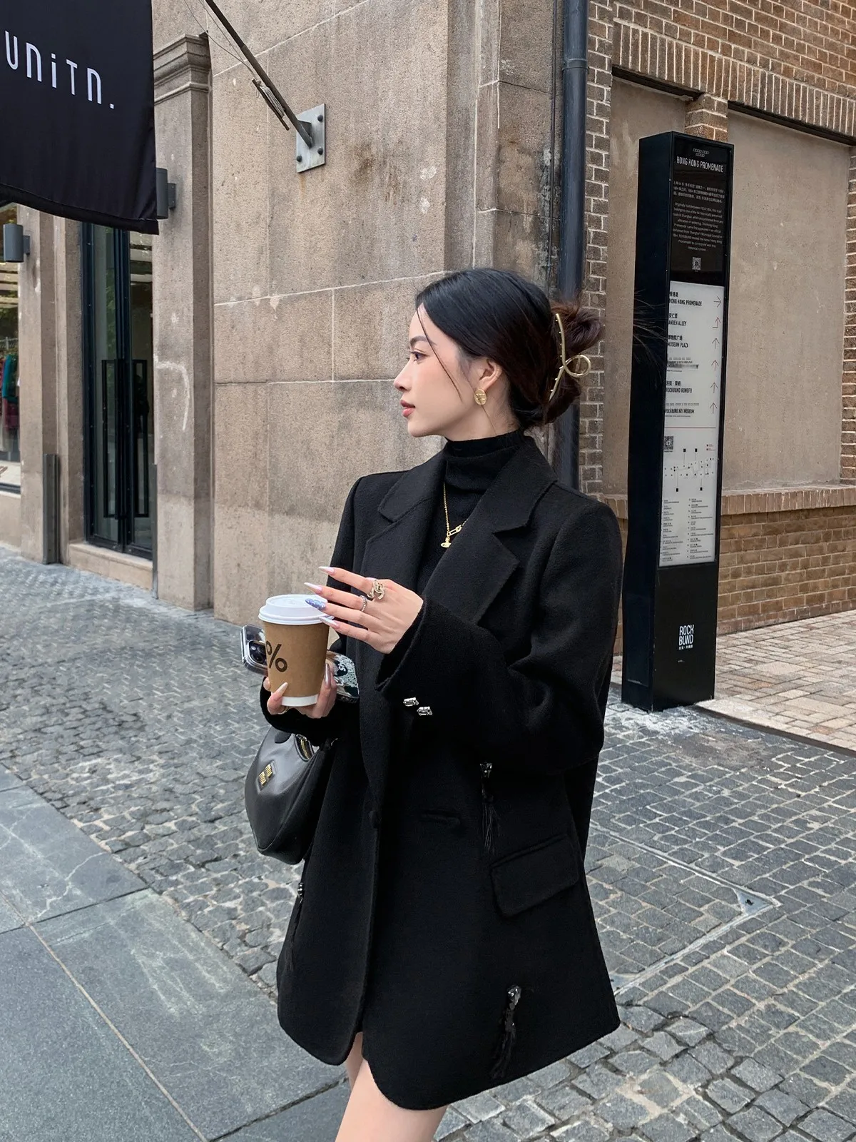 

Двусторонний шерстяной пиджак Binguo для женщин: черный, модный дизайн, теплый, весна-осень, новинка, для офиса и повседневной носки