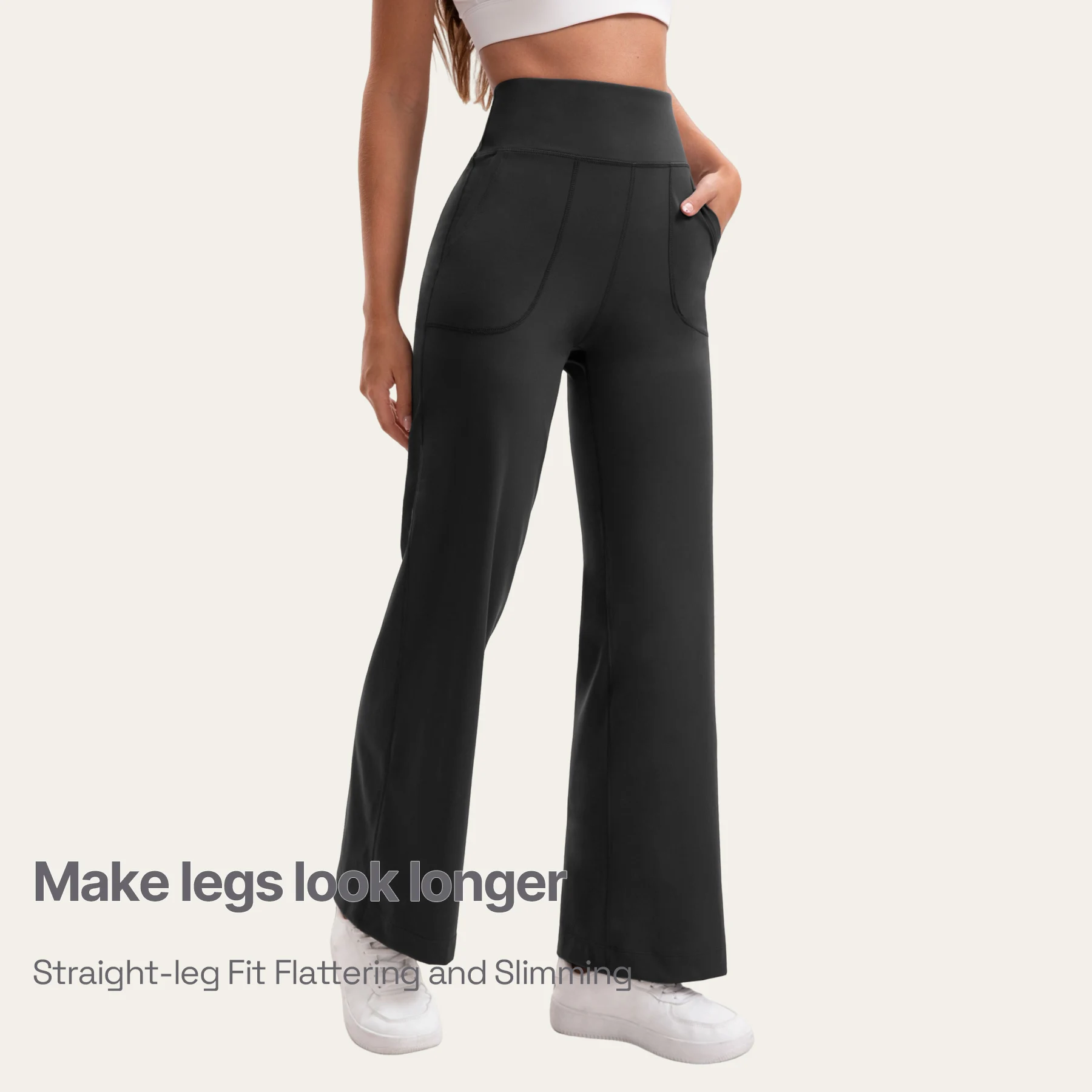 Damen High-Waist Flared Yoga-Hose mit Bauchkontrolle, M-Linie, Po-Lifting, zwei Taschen, dehnbar, weich, fließend, für Workout & Büro – Detail 6