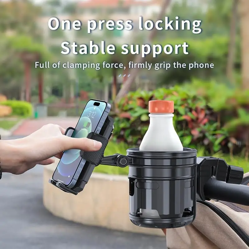3 In 1 Universal Baby Stroller Cup Holder with Phone Stand 2 Drink Holder Cup for Pram, Bike, Motorcycle, Wheelchair