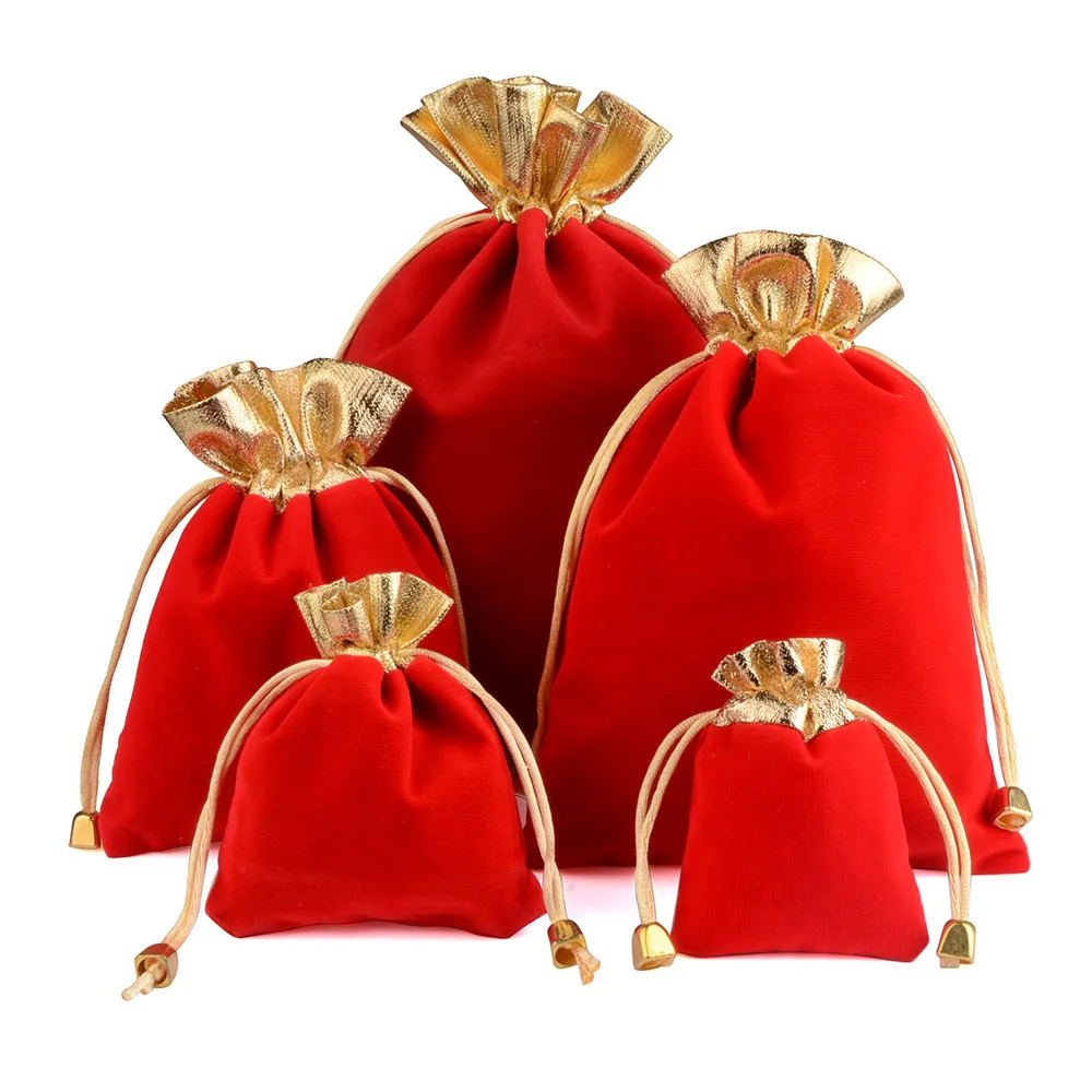 25pcs/Lot Golden Color Edge Drawstring Gift Velvet Bags 7X9 9X12 12X16cm Christmas Wedding  Jewelry Packing Pouches Wholesale