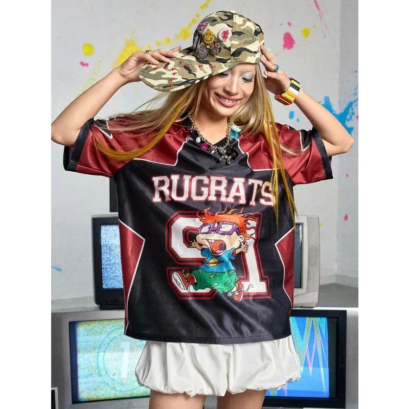 

Nick 90's X ROMWE Retro American Letter&Cartoon Print Loose T-shirt Printed Sleeve Short Sleeve Women's Fashion Loose T-shirt