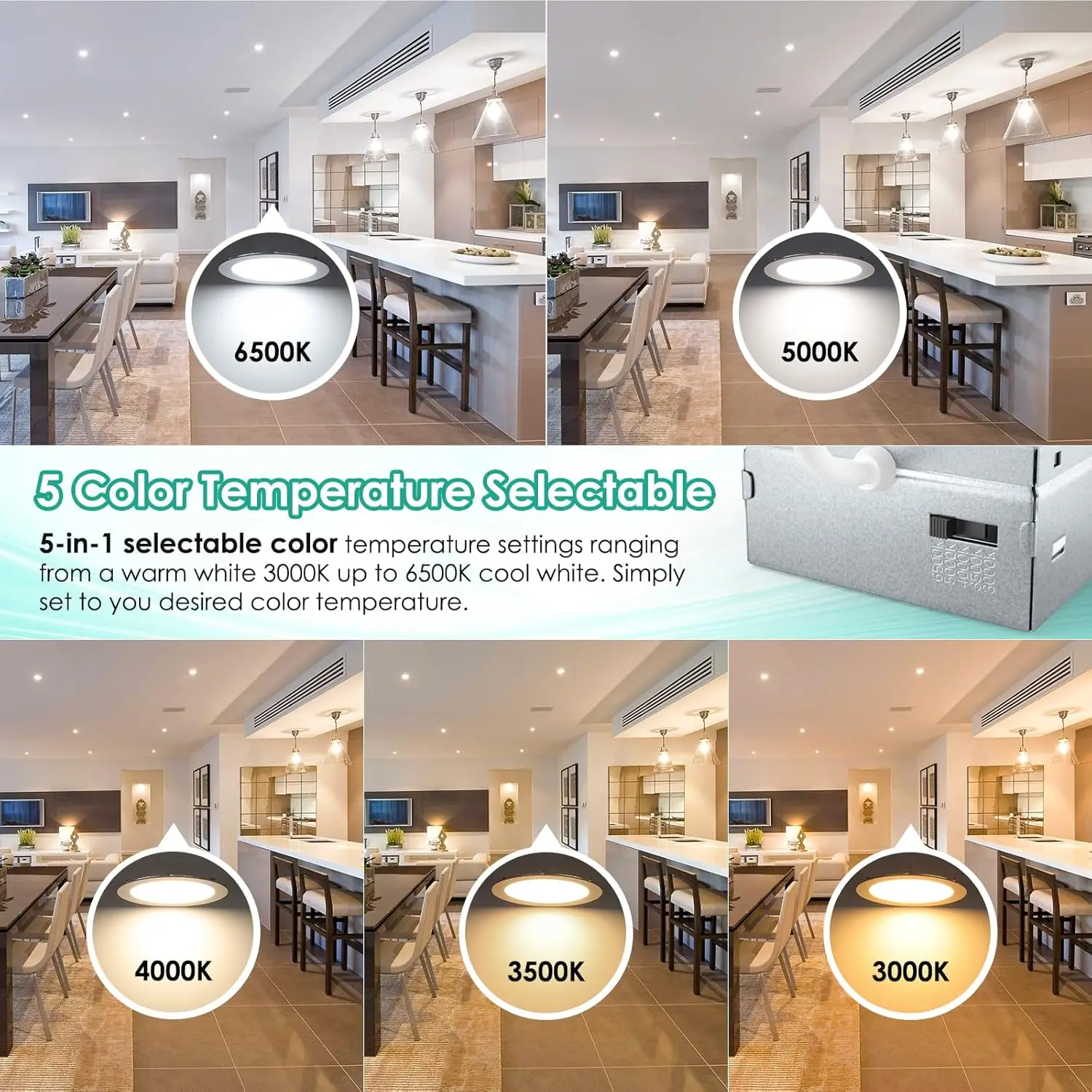 Maxvolador 6 Inch Ultra-Thin Led Recessed Ceiling Light With Junction Box 1200Lm High Brightness 6-Pack, 5Cct