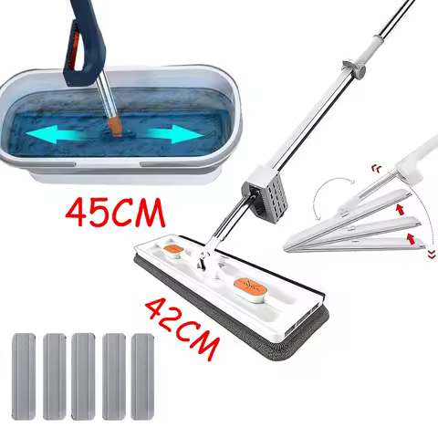 Esfregão plano com balde dobrável, lavagem à mão livre, almofada de substituição de microfibra, rotação automática, limpeza de casa e chão