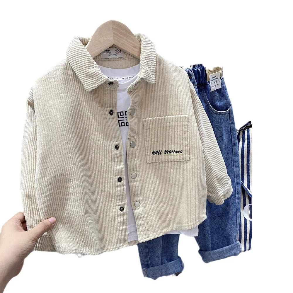 Children Boys Corduroy Outerwear Spring Autumn New Single Breasted Pit Striped Letter Print Kid Boys Jacket Students Boys Coats