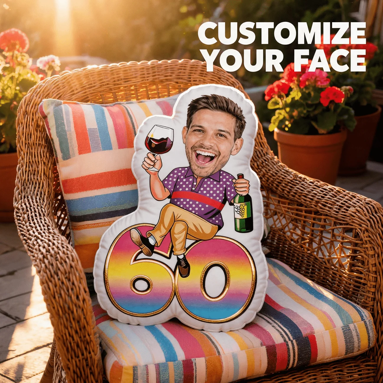 Custom Photo Face Shaped Pillow, Funny Man Holding Wine Bottle on Number 60 Decorative Cushion, Personalized Photo Gift for Husb