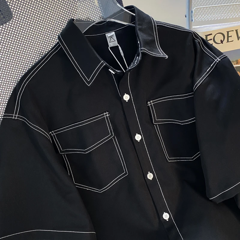 Summer Thin Short Sleeve Loose Shoulder Men's Casual Shirt Trendy Brand Lightweight Youthful Style Workwear with Stitch Line
