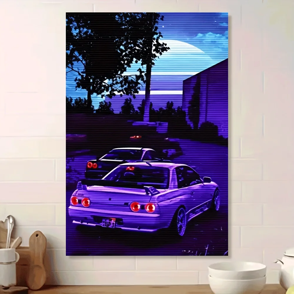 1pc Unframed Canvas Wall Art - Vibrant Purple Sports Car with Moonlit Cityscape, Classic Style Decor for Bedroom, Living Room