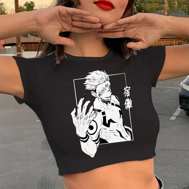 Streetwear Crop Top  Tshirt Manga Japanese Anime Jujutsu Kaisen T Shirt Gojo Satoru Tops Yuji Itadori Cropped Tees T-shirt