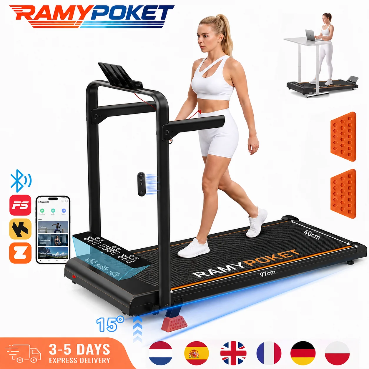RAMYPOKET Faltbares Schrägboden-Laufband 15%, Laufband 12 km/h, App/LED, Schreibtisch-Laufband 150 kg maximale Belastung