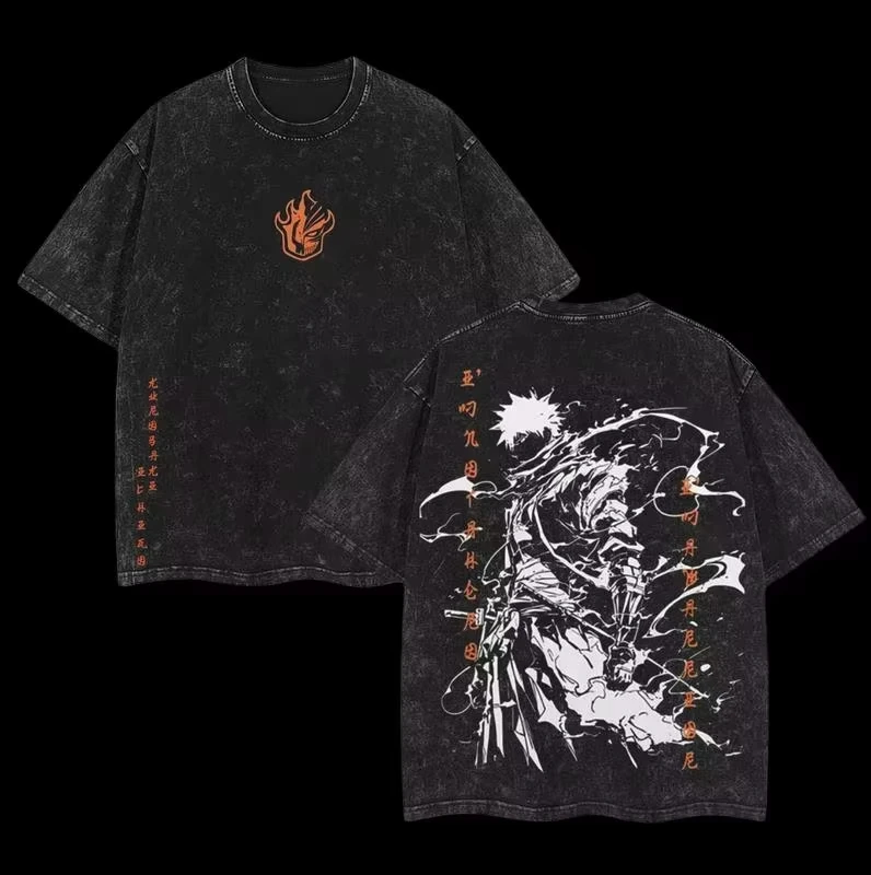 Bleach Vintage Washed T‑shirt Multi‑Character Anime Graphic Print Unisex Loose Cotton Short Sleeve Harajuku Fan Streetwear Tee