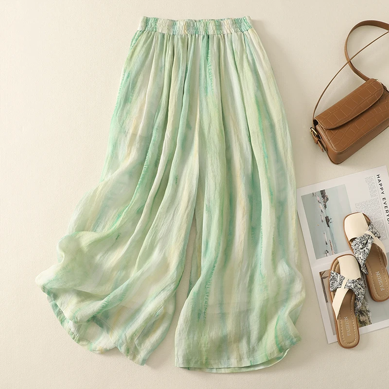 

Женские свободные брюки-палаццо из хлопка и льна с поясом, на резинке, повседневные, летние, тонкие, с высокой талией, укороченные (7/8)