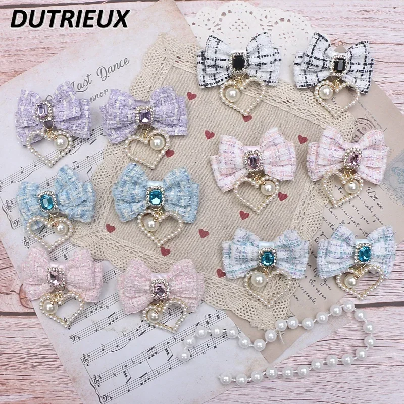 

Handmade Japanese Sweet Lady Plaid Bow Hair Accessories Cute Girl Pearl Heart Pendant A Pair of Hairclips Barrettes Side Clip