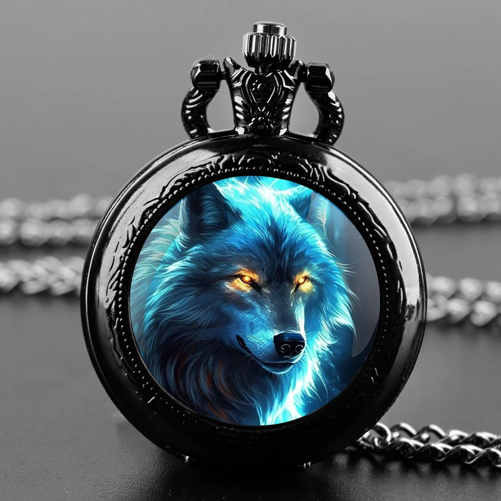 Gothic Cool Animal Wolf Design Black Pocket Watch with Necklace Alloy Case & Band,Quartz Movement Clock Watch for Men Women Kids