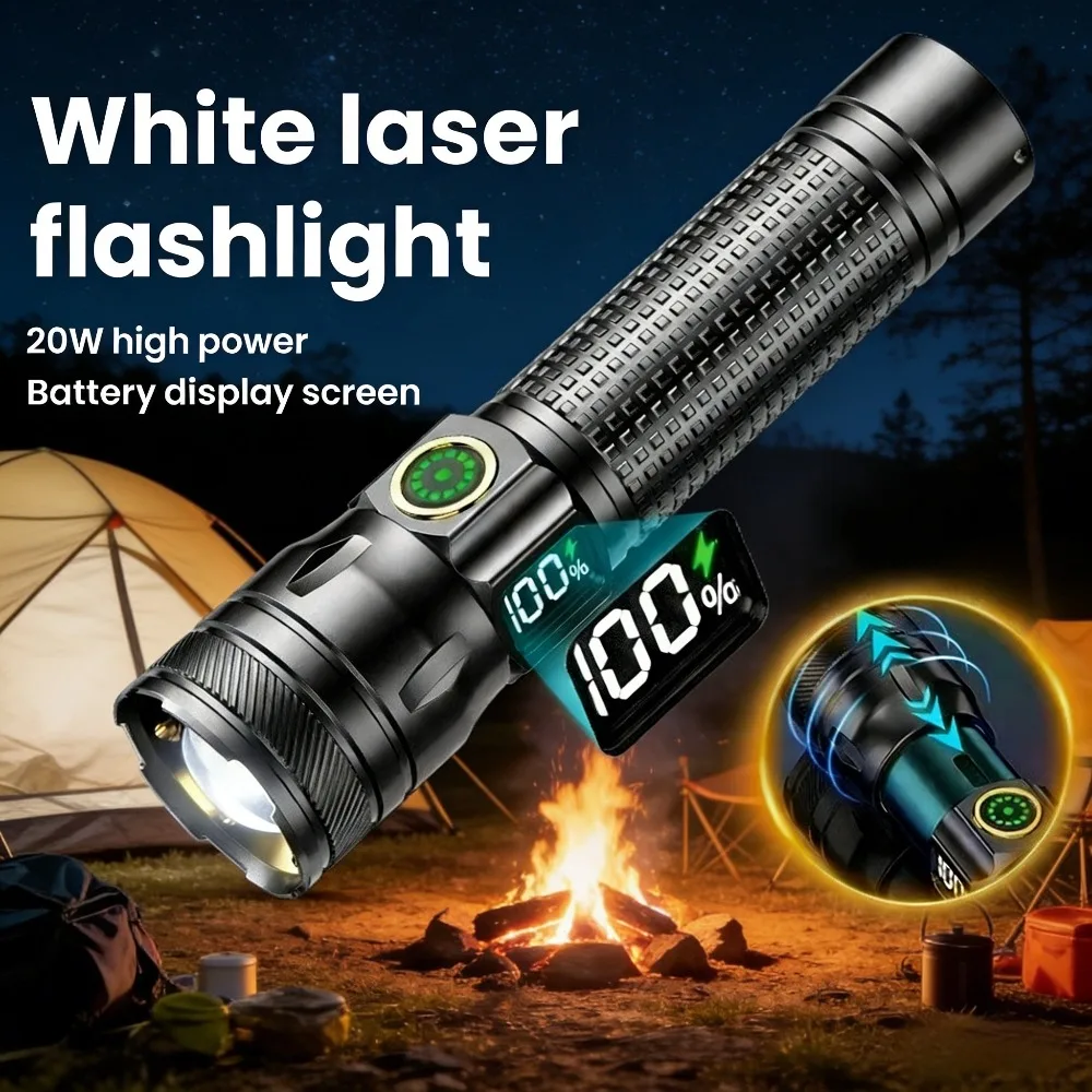 Outdoor Camping Hunting White Light Flashlight Portable Waterproof Digital Display Type-C Rechargeable Aluminum Alloy Torch