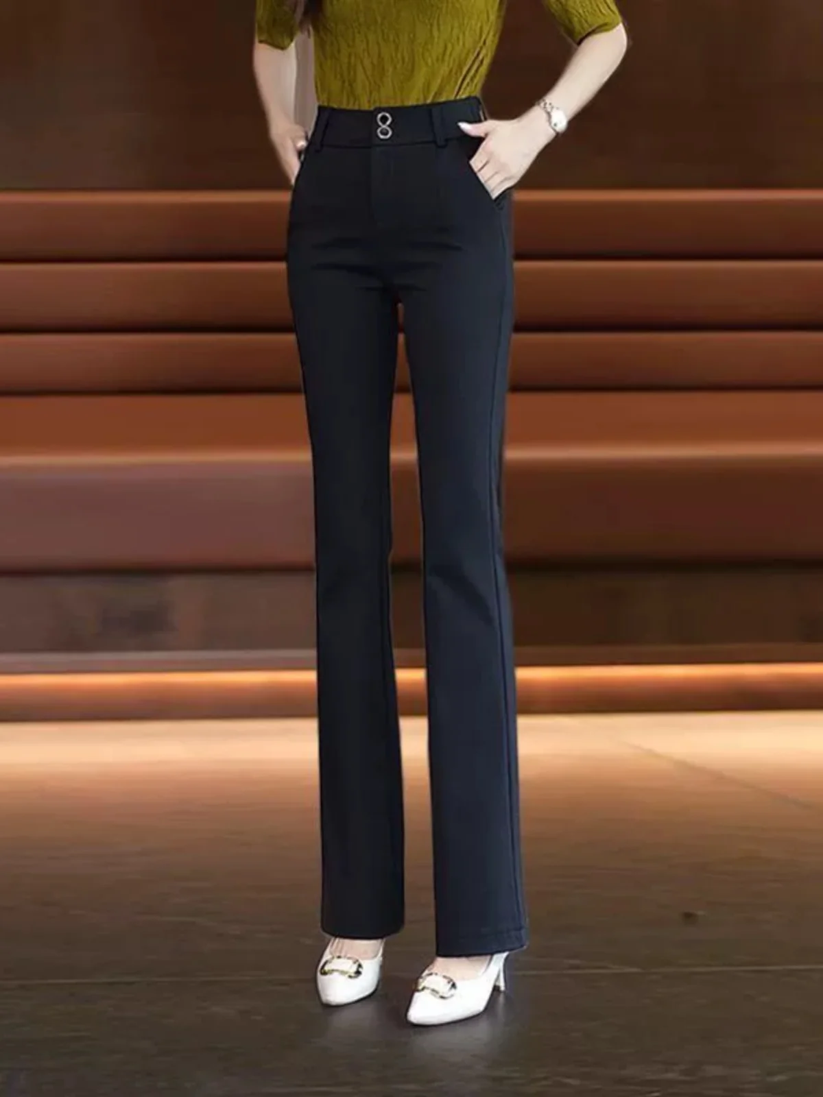 بنطلون نسائي واسع الساق بخصر مرتفع ومرن للتنحيف متعدد الاستخدامات للربيع والخريف بتصميم جديد وعصري