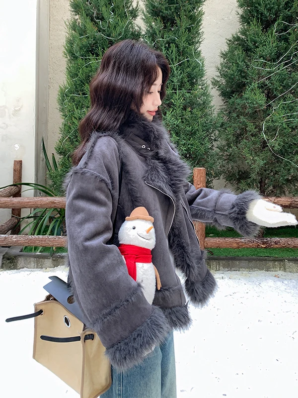 

ay Lamb Fur Jaet Women's Autumn Winter New Sle Thiened Motorcycle Cotton Coat Fce Lined Leather And Fur Inteated