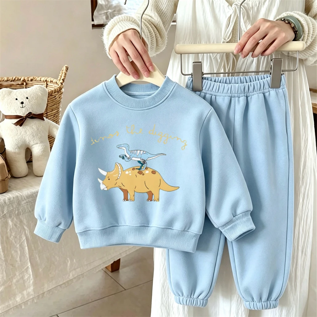 Blue Pink Beige Suits Long-sleeved Costume Cartoon Dinosaur Print Hoodies Solid Color Pants 2026 Children Spring Autumn Wear