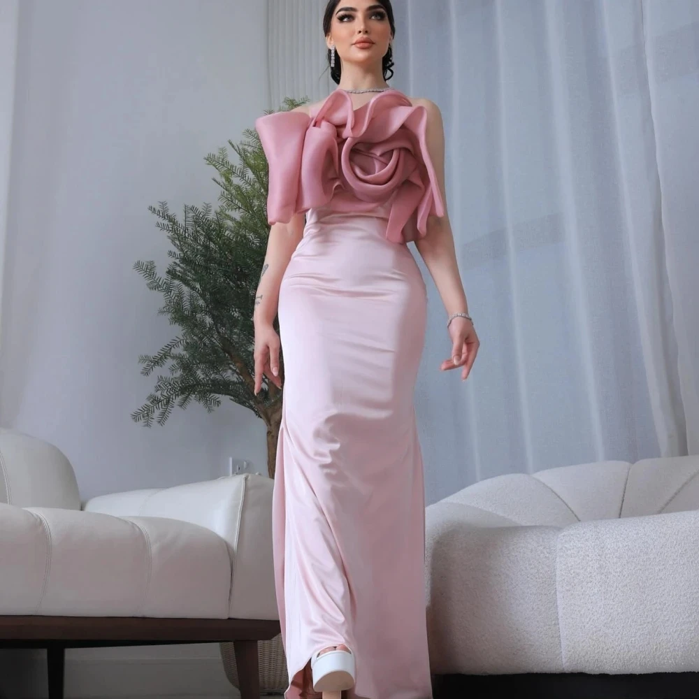 Abito da sera lungo su misura senza spalline floreale rosa Abiti da sera Pastrol Maglia unisex Retro Dubai Arabia Saudita Prom personalizzato