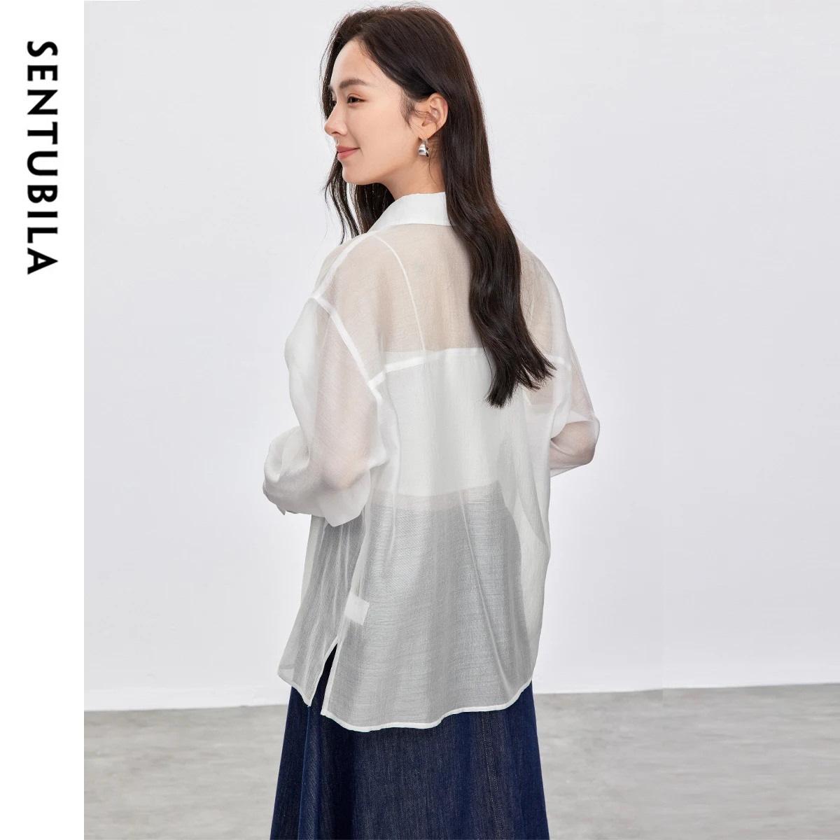 SENTUBILA Elegant Solid Color Women's Shirt 2025 Summer Commute Lapel Drop Sleeve Side Slit Single Breasted Blouses 152C80171