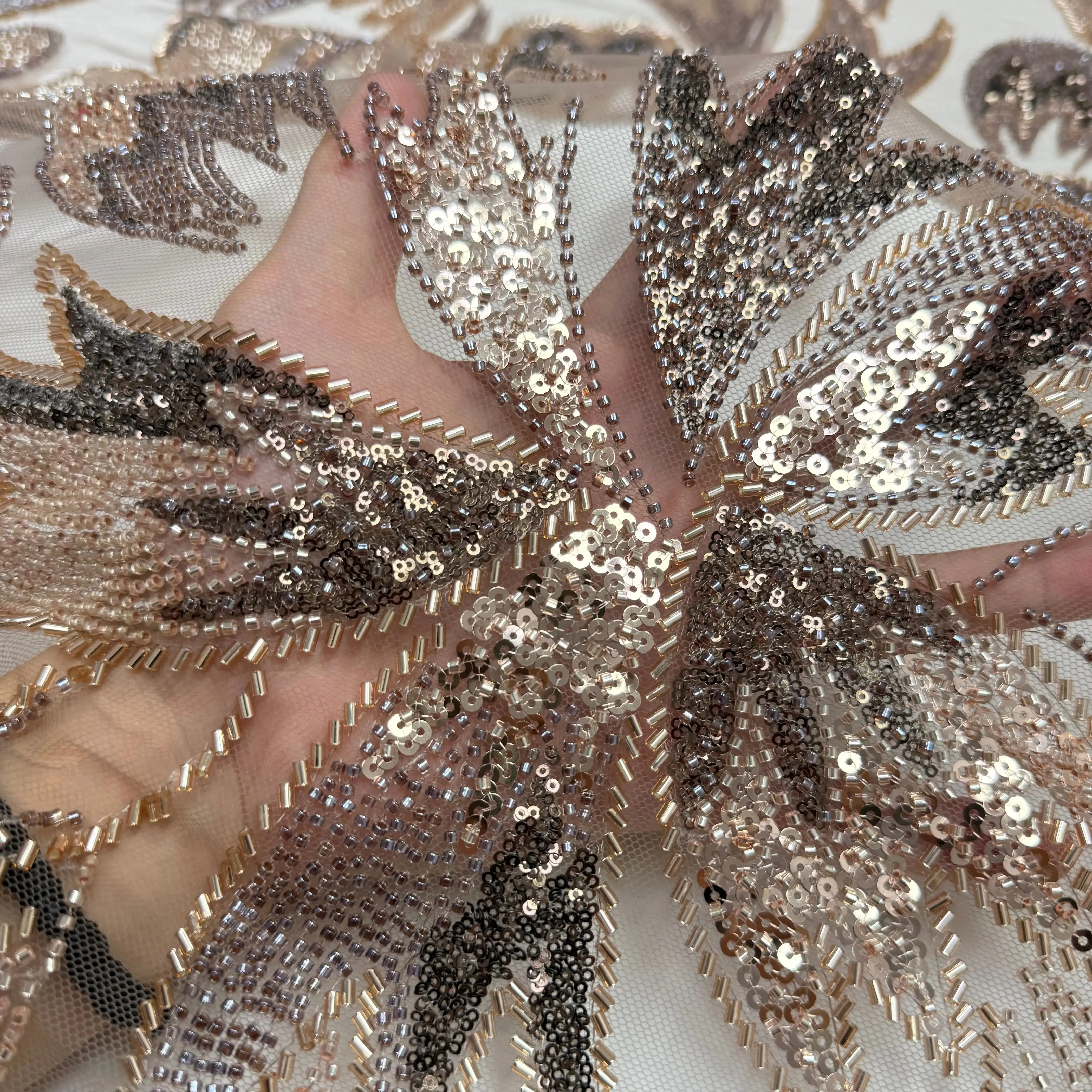 

African Brown Beaded Lace Fabric 2025 French Tulle Sequins Embroidery Water Soluble Lace Fabric For Wedding Party Dresses