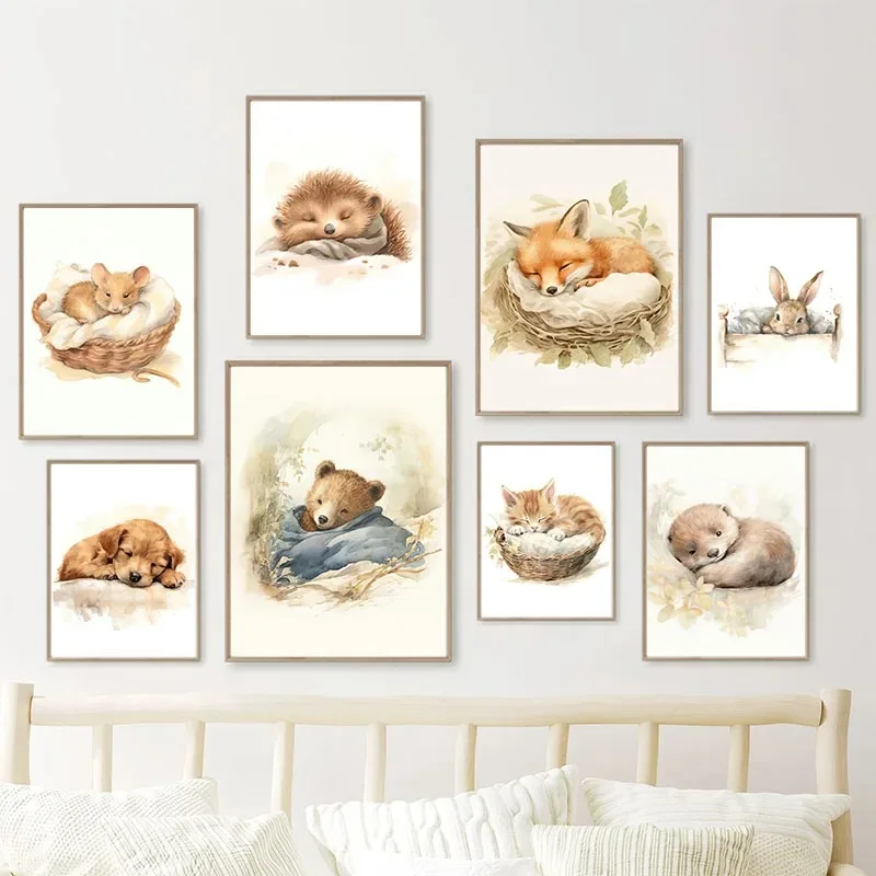 Bear Fox Rabbit Dog Cat Hedgehog Leaves Nursery Wall Art Posters Canvas Painting Prints Pictures for Baby Kids Room Home Deco