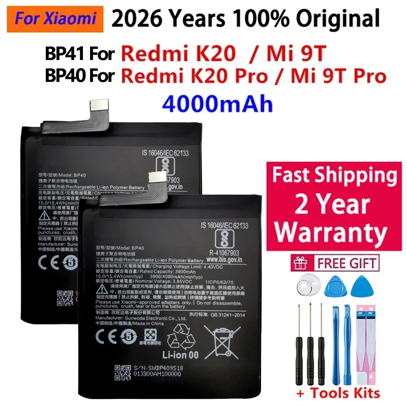 100% Original Premium Genuine Replacement Battery BP41 BP40 For Xiaomi Redmi K20 Pro Mi 9T Pro Mi9T Redmi K20Pro Battery 4000mAh