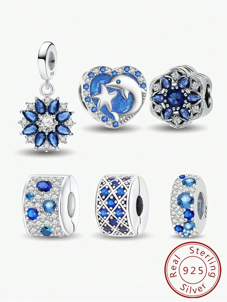 925 Sterling Silber Delfin-Stern-Blau-Serie Charms-Perlen für DIY-Armbänder, hochwertiges Schmuckgeschenk für Damen