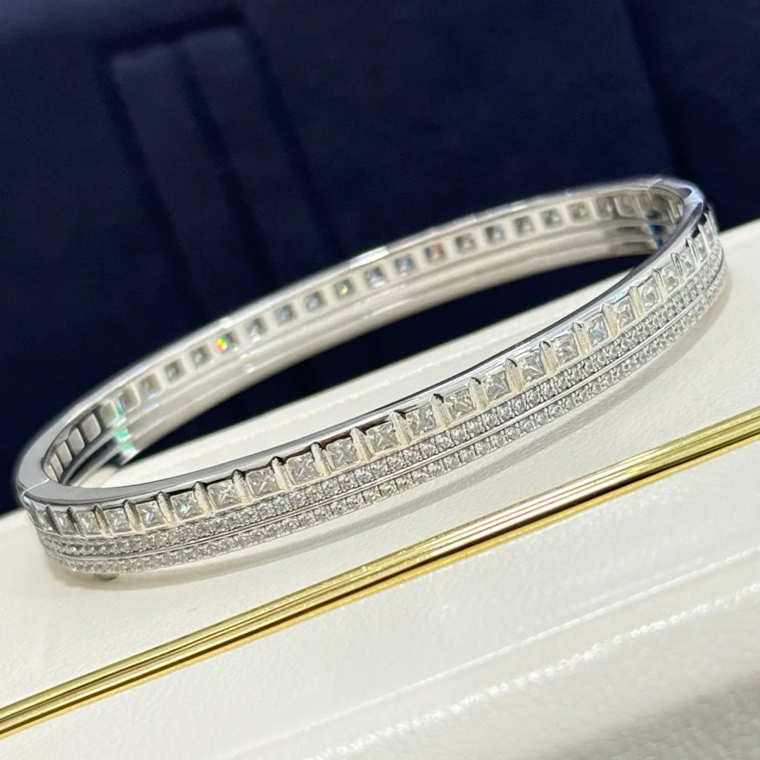 

100% 925 Sterling Silver Pave AAA Zircon Double Row Square Bracelet For Women Fine Jewelry