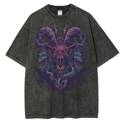 Cotton Distressed Batik Washed Graphic T-shirts Hell Demon Beast Printed T-shirt Drop Shoulder Vintage Oversized T-shirt 230GSM