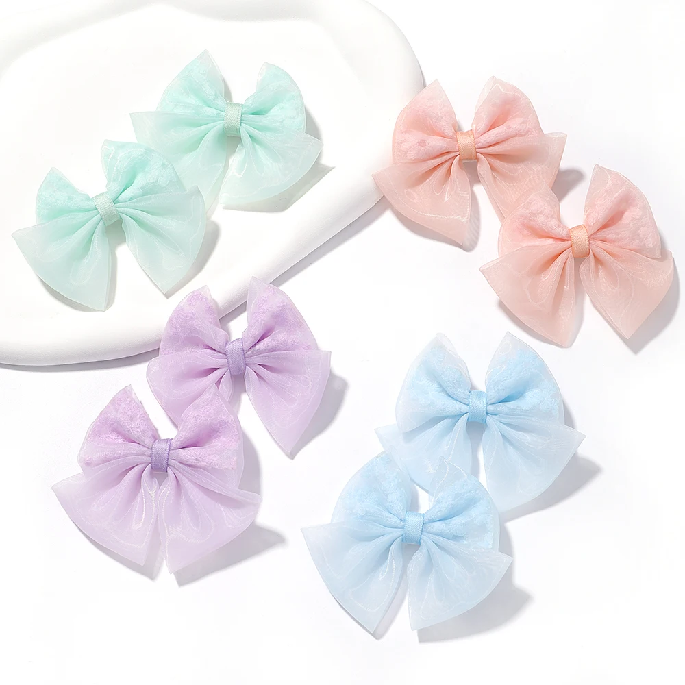 2Pcs/Set Solid Safe Hair Clips Summer New Girls Elegant Organza Bow Hairpins Sweet Kids  Fashion Princess Baby Hair Accessories