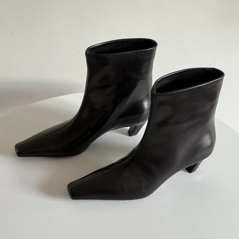Women\'s Ankle Boots Stiletto Heels 2025 Autumn Winter Shoes Square Toe Cat Heel Mid-calf Boots Black  Leather Nude Boots