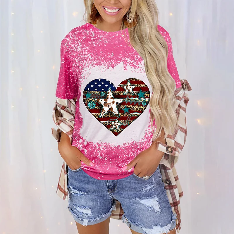 

4th Of July Bleached Tie dyed Graphic Tee short sleeve women's casual loose round neck T-shirt