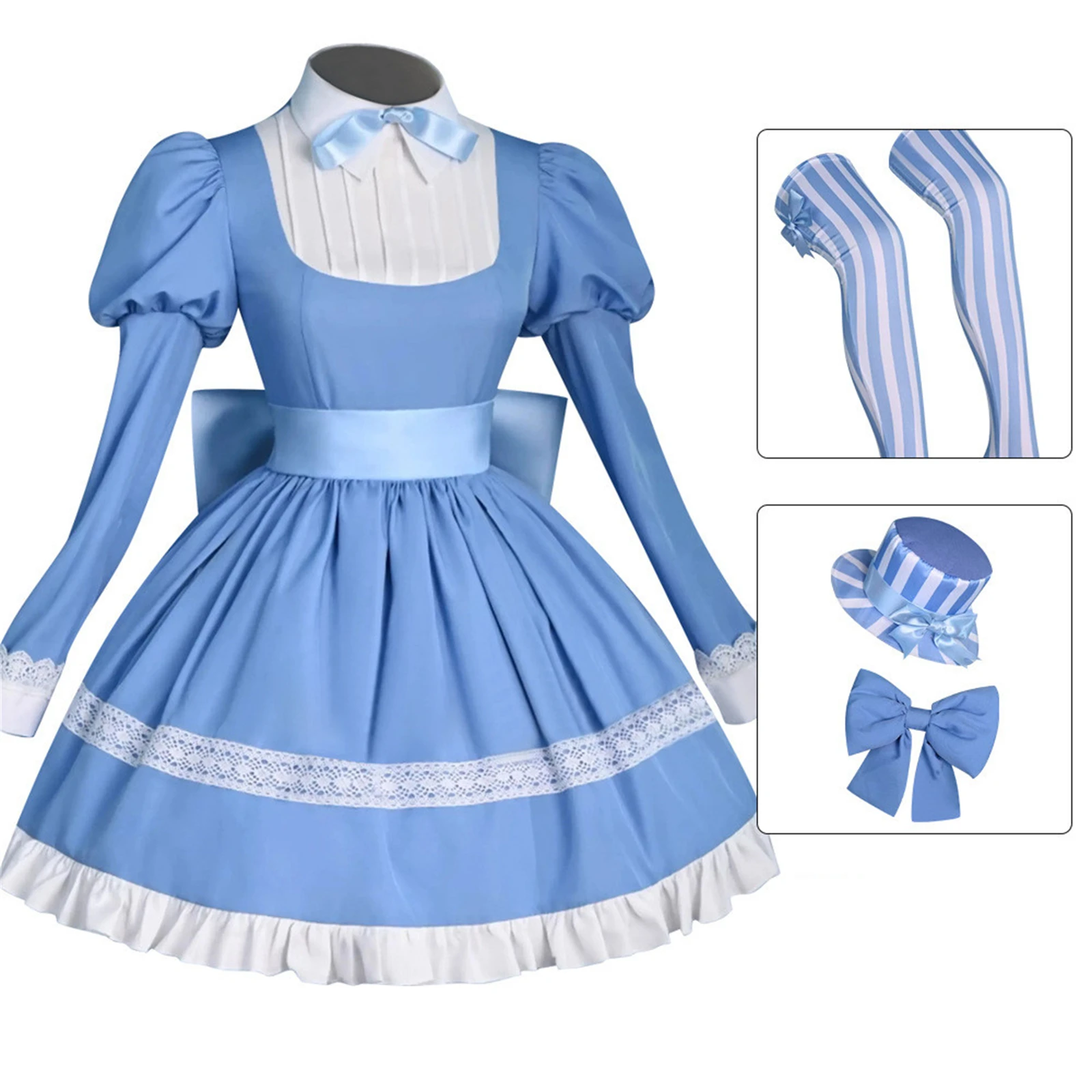 

Stocking Anarchy Cosplay Costume Anime Lolita Uniform Bow Maid Dress with Hat Socks Halloween Carnival Uniform Set