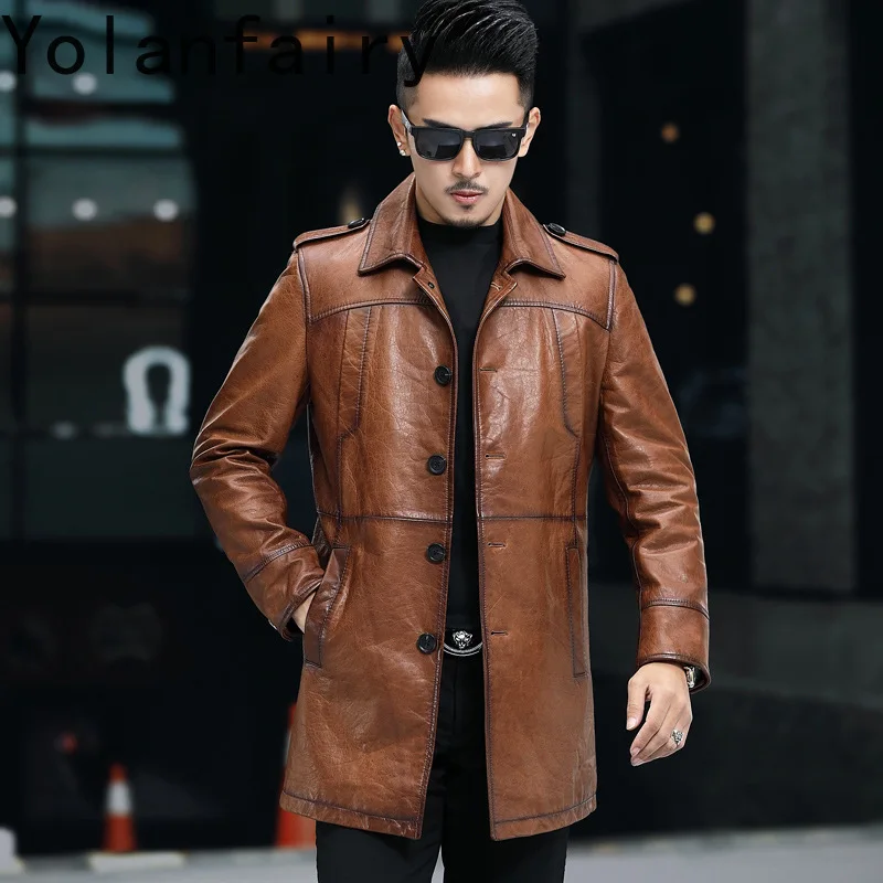 YOLANFAIRY Genuine Leather Sheepskin New in Jackets Long Coat Men Autumn Winter Trench Casual Lapel Jacket Abrigos Para Hombre