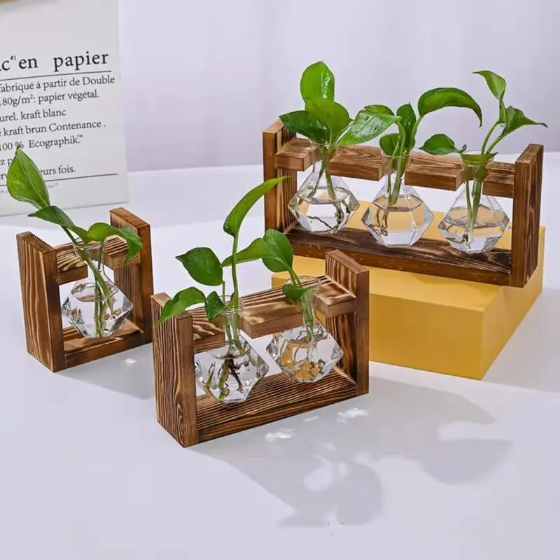 Creative Wooden Frame Hydroponic Small Vase Ins Plant Glass Bottle Container Home Living Room Office Desktop Decoration