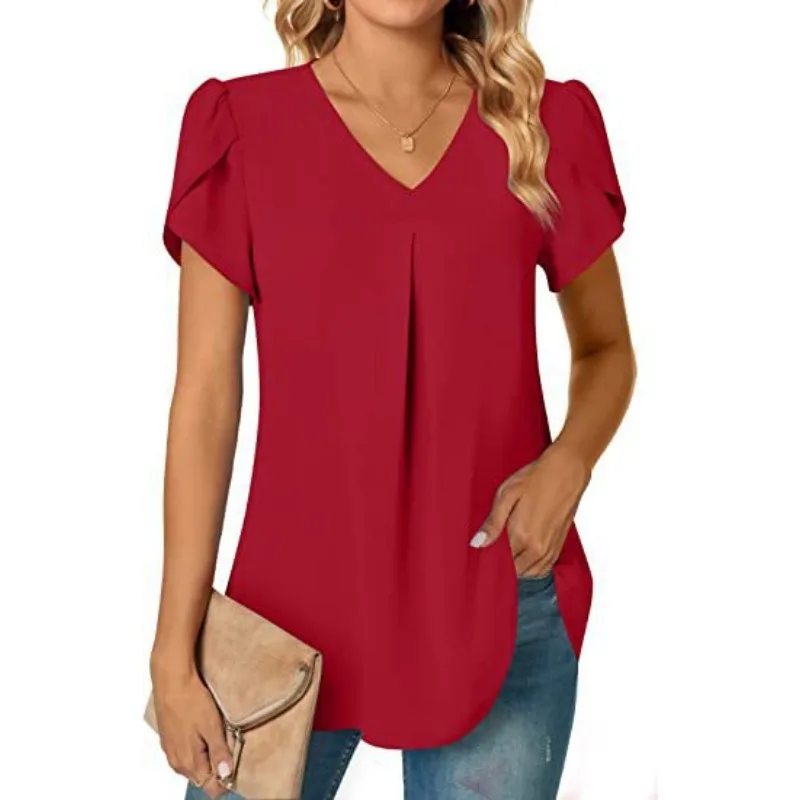 Summer Women\'s Elegant Commuter Shirt Simple Solid Color Fashion V-neck Petal Sleeve Shirt Casual Holiday Women\'s Shirt