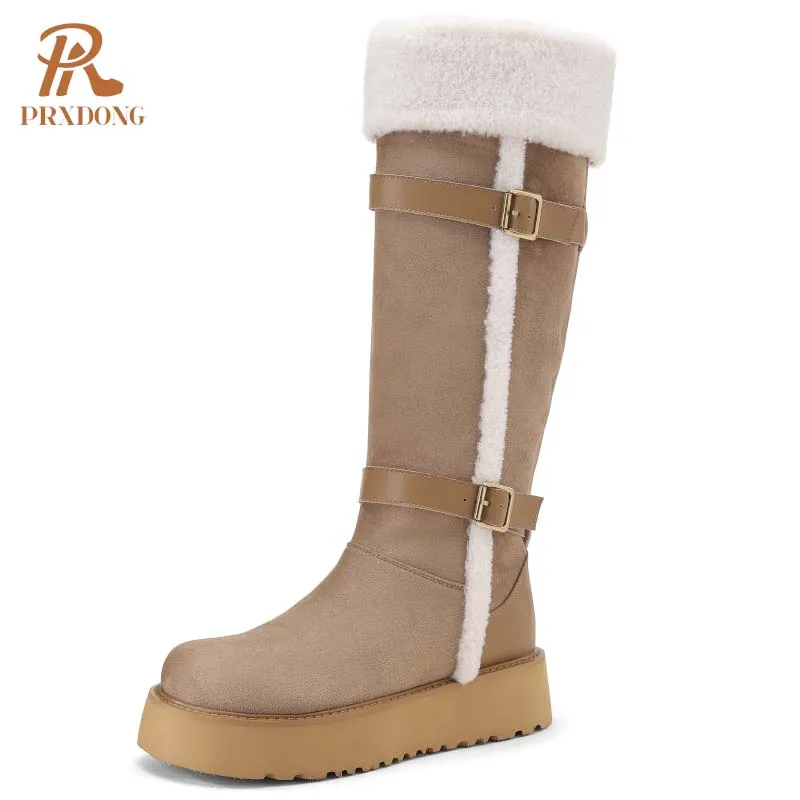 PRXDONG New Brand Qulaity Leather SHoes Woman Ankle Snow Boots Med Heels Platform Apricot Casual Lady Knee High Boots Size 34-39