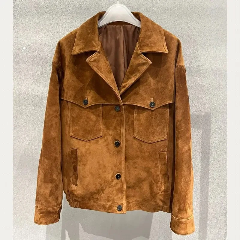 Natural Lambskin Leather Jacket for Women 100% Genuine leather Suede Pockets Retro Brown Women Coat Long Sleeves Chaquetas Mujer