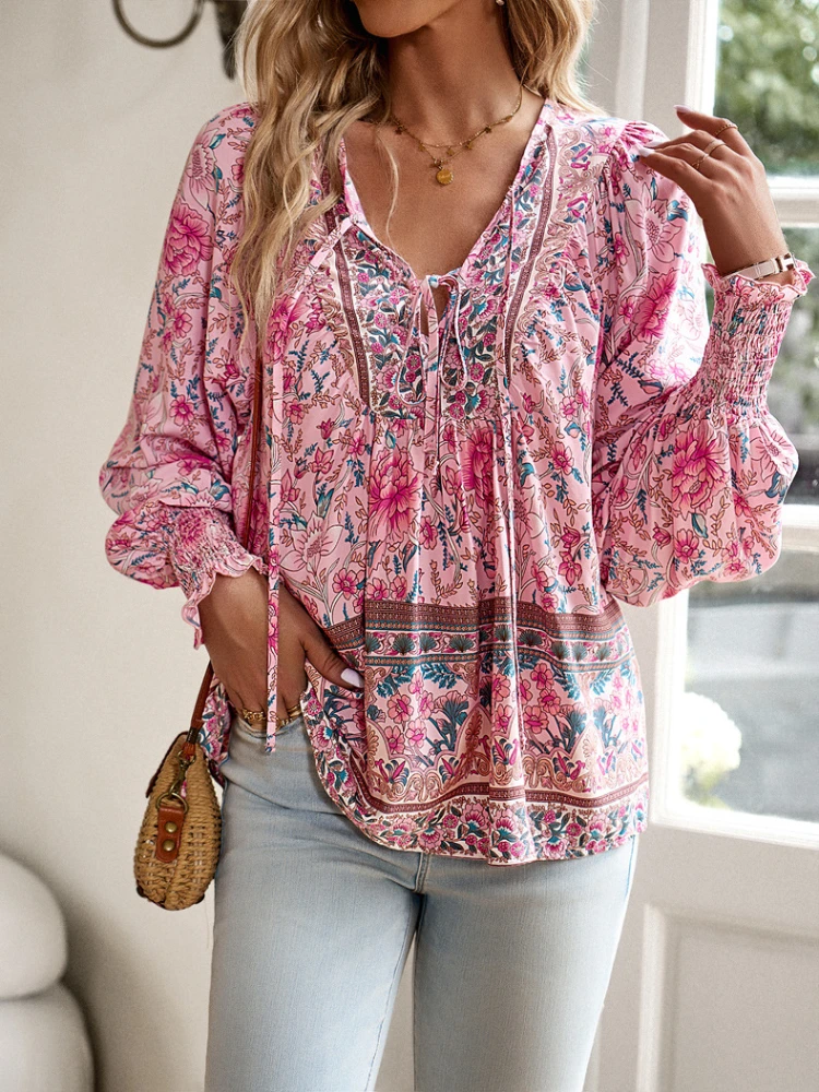 Fitaylor Spring Autumn Women V-neck Puff Sleeve Floral Print Shirt Lady Casual Long-sleeve Top