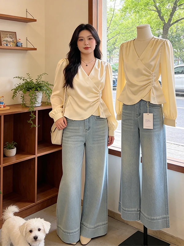 

plus Size V-Neck Chiffon Shirt Women's Long Sleeve Pleated Versatile Top Korean Style Spring New Arrival Commute Fashion
