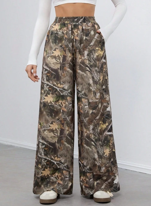 

Long pants elastic waist leaf print wide leg casual pants