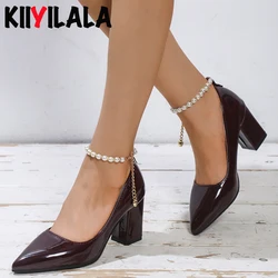 Wine 7cm High Heel Pumps Women's Shoes Pointed Toe Fashion Pearl Pimp Chain Buckle Patent Leather Shoes Female Plus Size 49 50