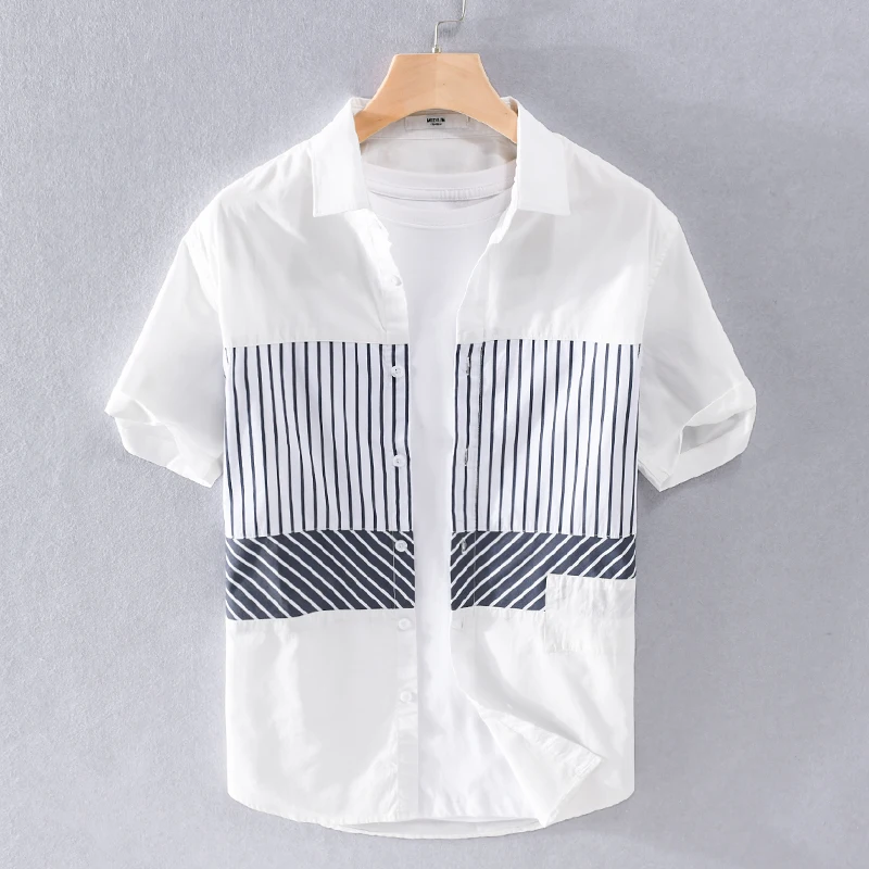 New Individuality Short Sleeve Patchwork Casual Stripe Cotton Shirt Men Brand Fashion Top Clothes Chemise Homme Drop Shipping