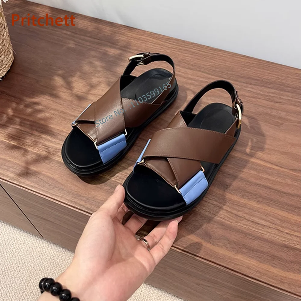 

Mixed Color Cross Band Sandals Round Toe Flat with Buckle Strap Sewing Metal Decoration Women's Shoes Concise Thick Soled Shoes